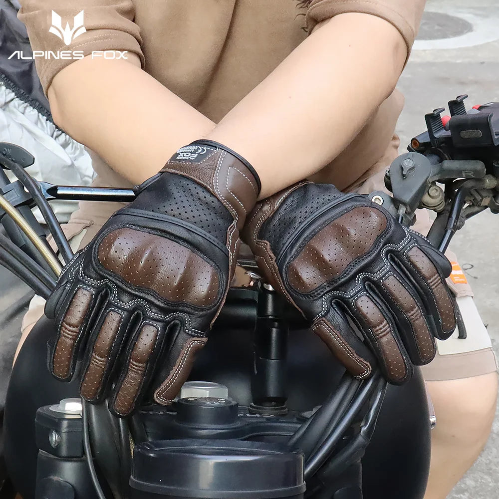 Summer Retro Leather Motorcycle Gloves | Full Finger & Perforated