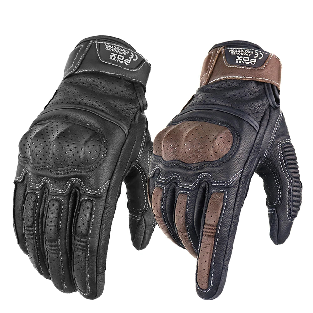 Summer Retro Leather Motorcycle Gloves | Full Finger & Perforated