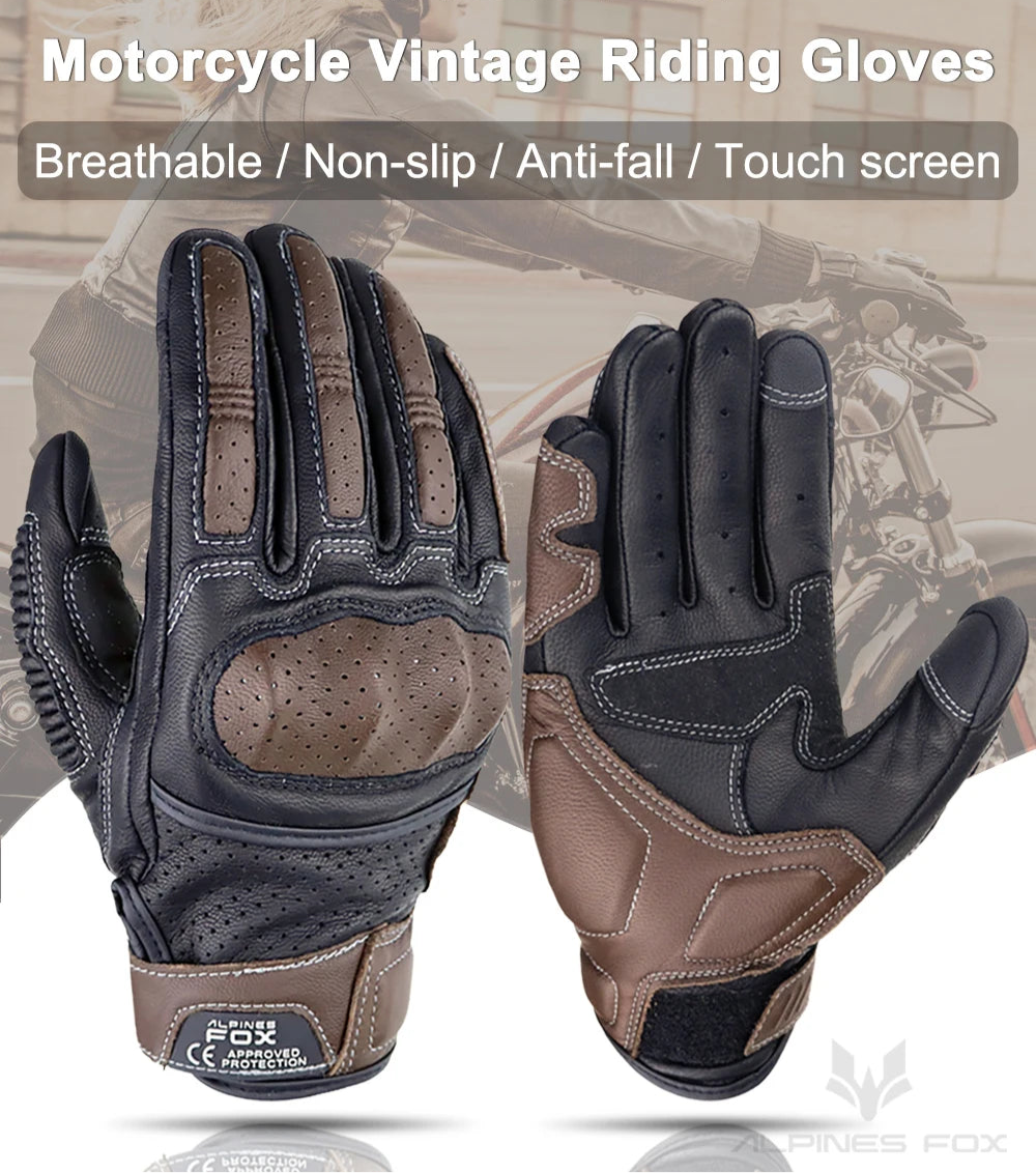 Summer Retro Leather Motorcycle Gloves | Full Finger & Perforated