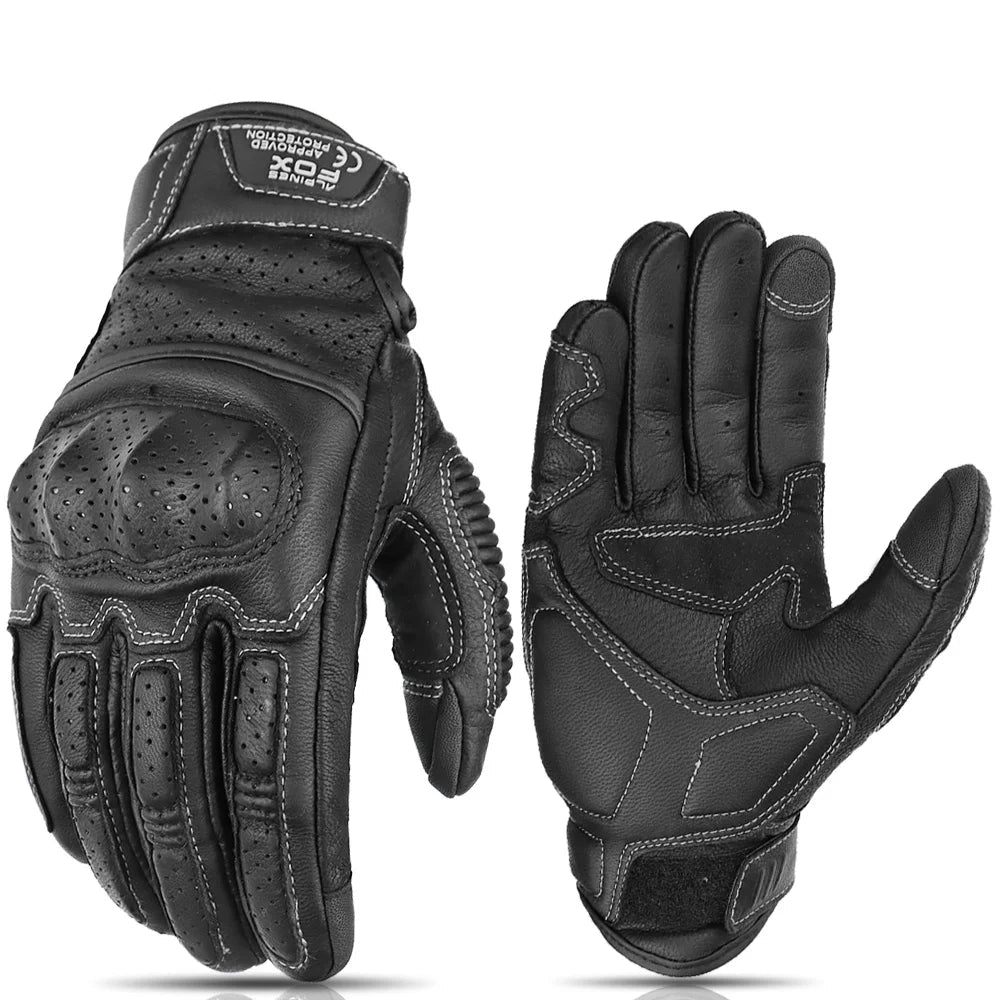 Summer Retro Leather Motorcycle Gloves | Full Finger & Perforated