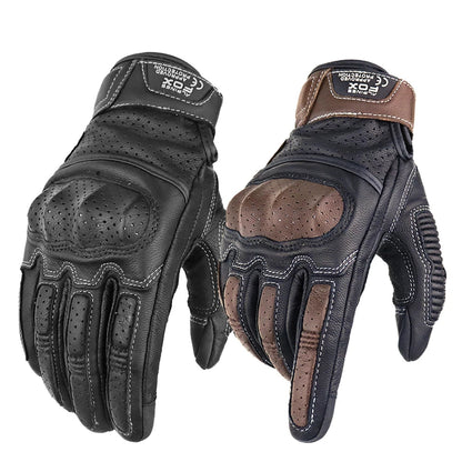 Summer Retro Leather Motorcycle Gloves | Full Finger & Perforated